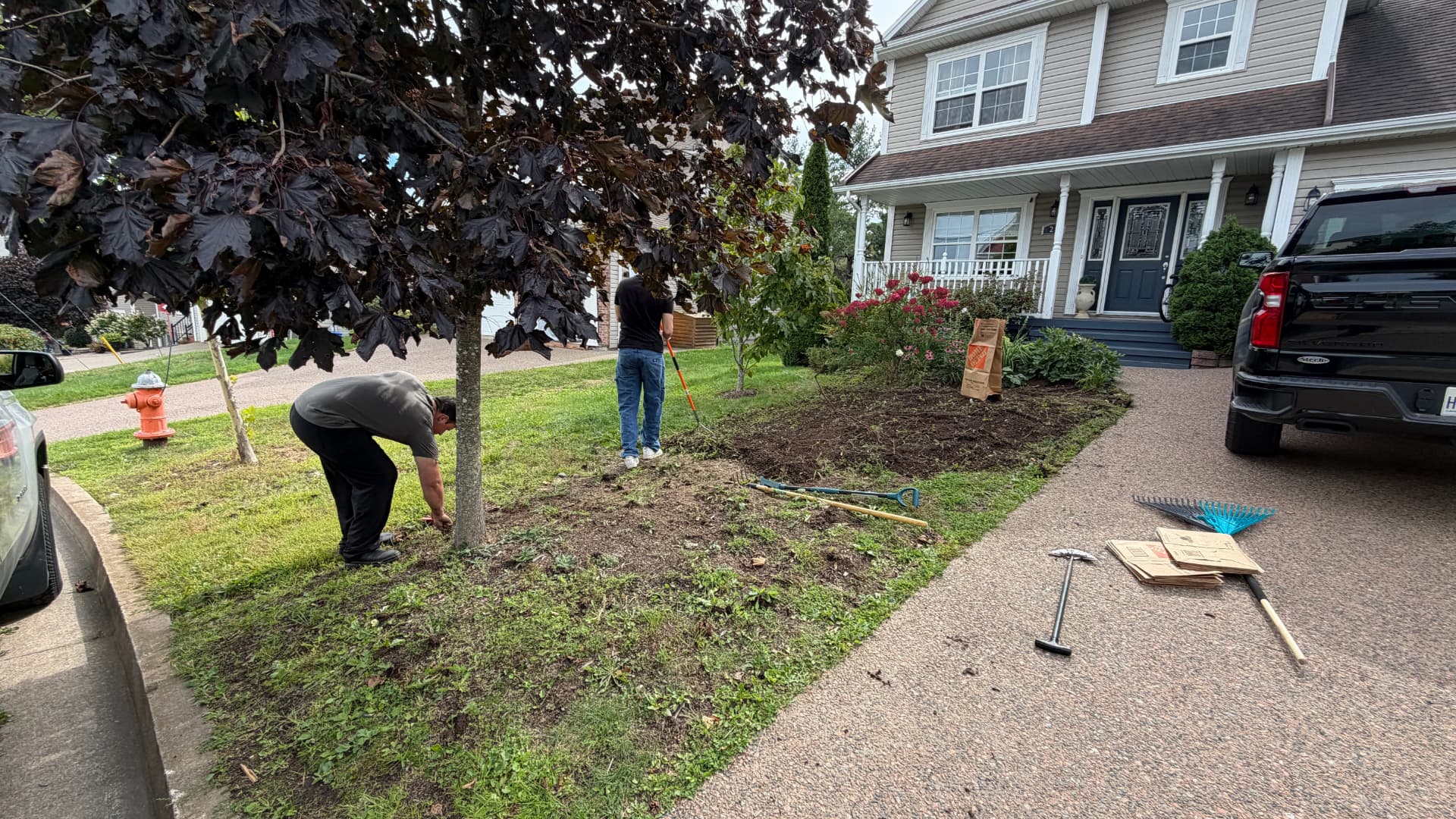 Crew weeding and clearing a front garden bed along a driveway