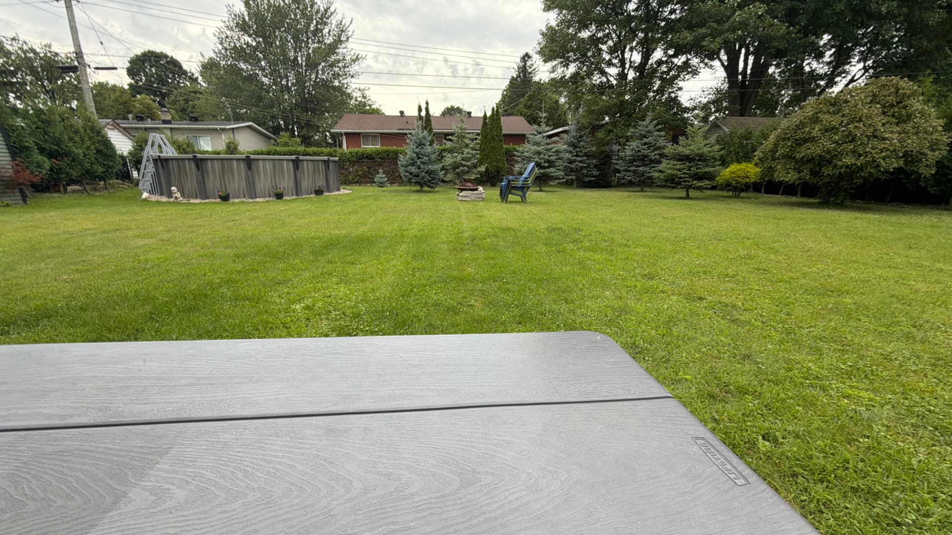 Freshly mowed large backyard lawn with clean stripes